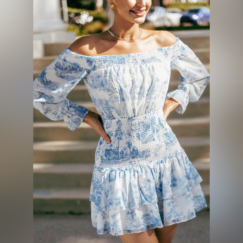 Blue and White Elastic Waist Ruffle Off-Shoulder Dress- Size Small